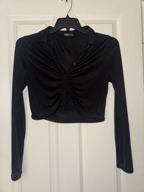 SHEIN Black Ruched Collared Long-Sleeve Crop Top